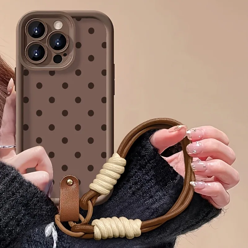 Braune Polka Dots Silikon-Handyhülle mit weichem Trageband für iPhone 17 Pro Max 11 12 13 14 15 16 Pro 17 Air 7 8 Plus Cover