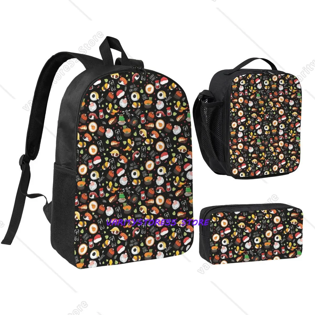 Japanese Guinea Pig Sushi - Black Background Backpack BookBag School Bag Shoulder Bags 3ps Insulated Lunch Bag Pencil Case