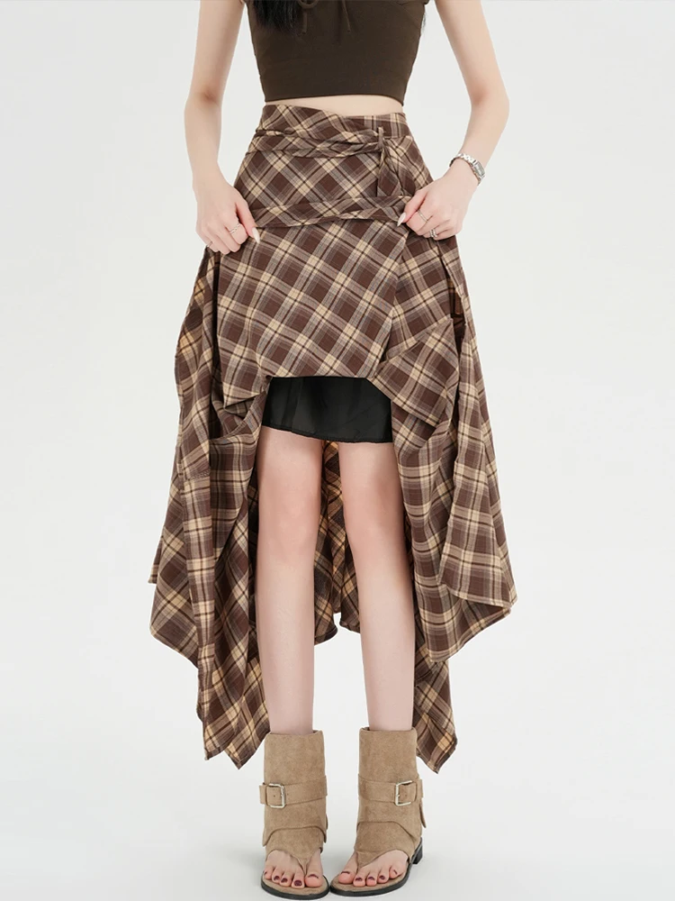

Ретро-юбка миди в клетку с поясом, асимметричная, женская, весна-лето, с высокой талией, драпированная, свободного кроя, А-силуэт, в корейском стиле, для повседневной носки