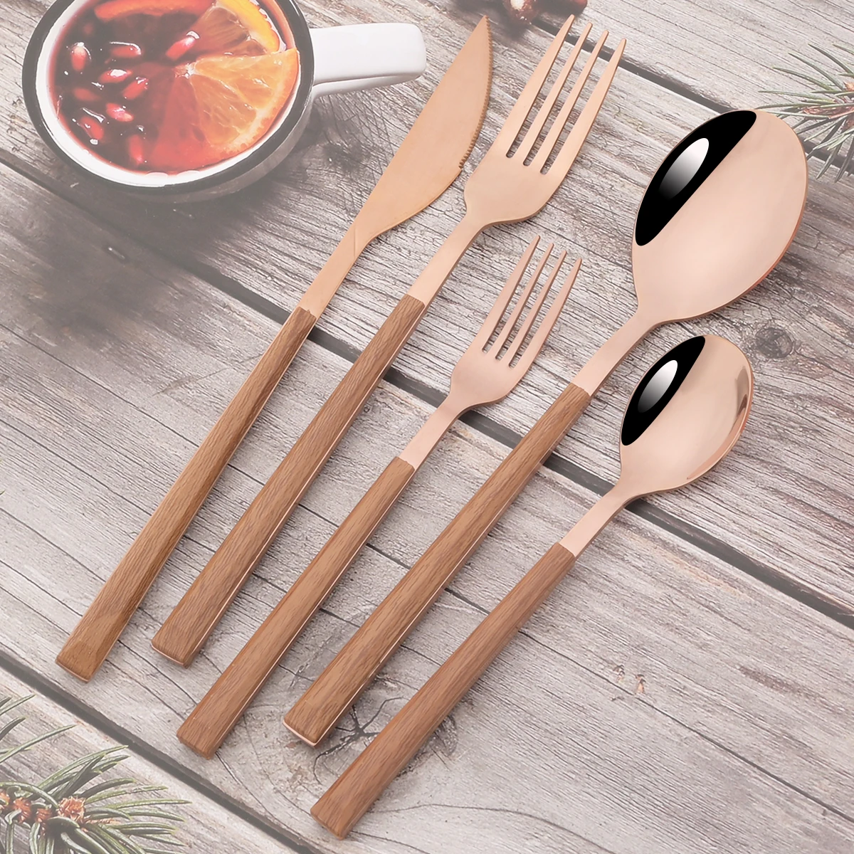 6 People Imitation Wooden Handle Cutlery Set Brown Gold Dinnerware Set Knife Fork Small Spoon Tableware Stainless Steel Flatware