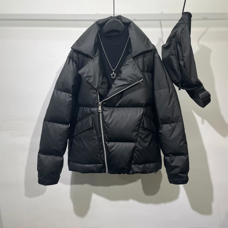 

Winter men's oblique zipper black down jacket, fashion brand design, dark retro style, lapel, workwear