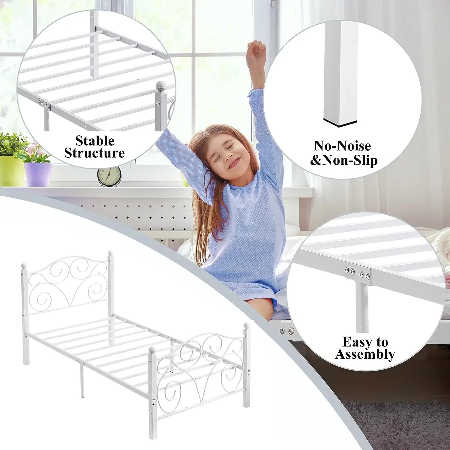 Estructura de cama de tamaño con cabecero y pie de cama, soporte de listones de metal resistente, base de colchón con plataforma, sin caja Spr