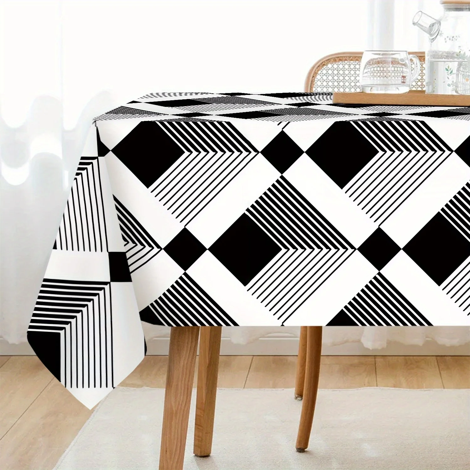 One black and white three-dimensional square pattern polyester tablecloth, for table decoration