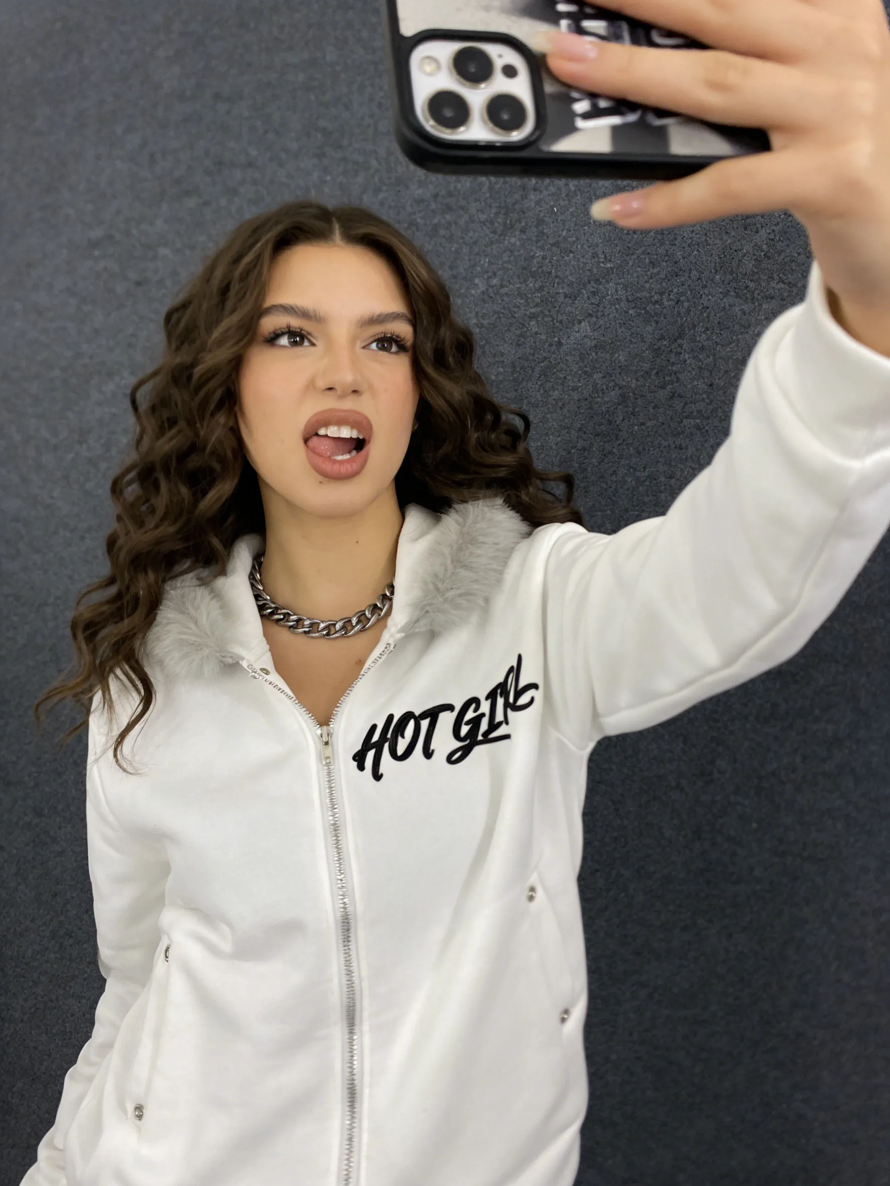 سترة نسائية بغطاء للرأس بسحاب من الفرو الأبيض - سترة "HOT GIRL" مطبوعة برسومات وشفاه Y2K سترة غير رسمية لربيع الخريف #1