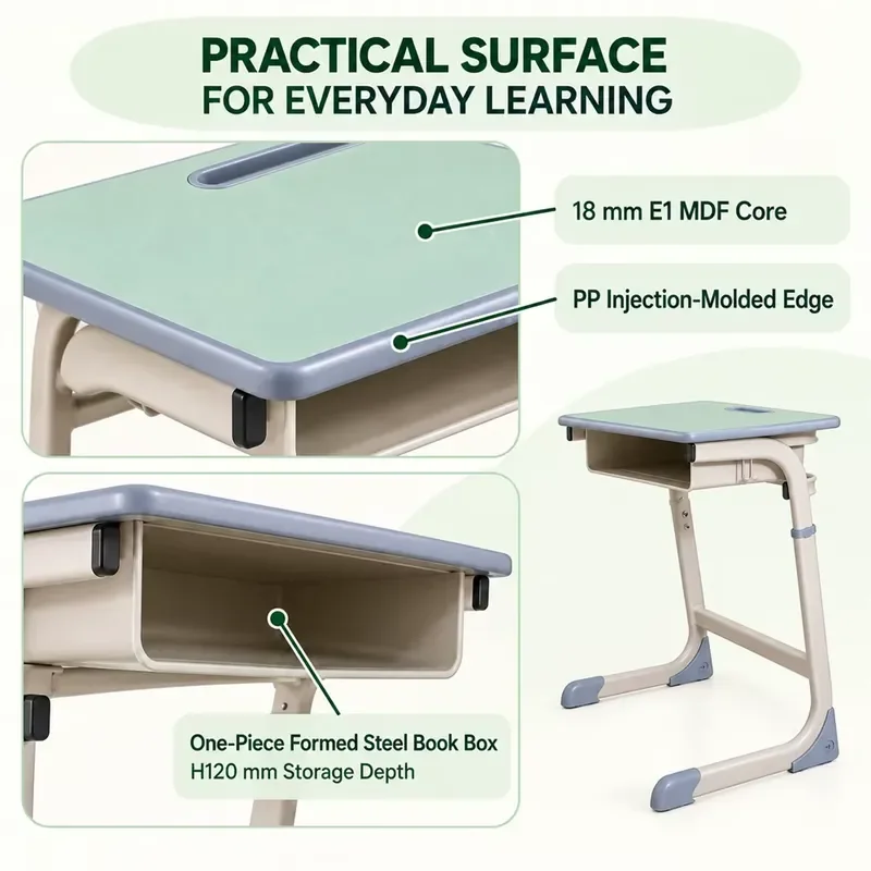 High School Desk and Chair Set 450mm Seat Height HDPE Curved Backrest Steel Frame MDF Writing Table for Malaysia
