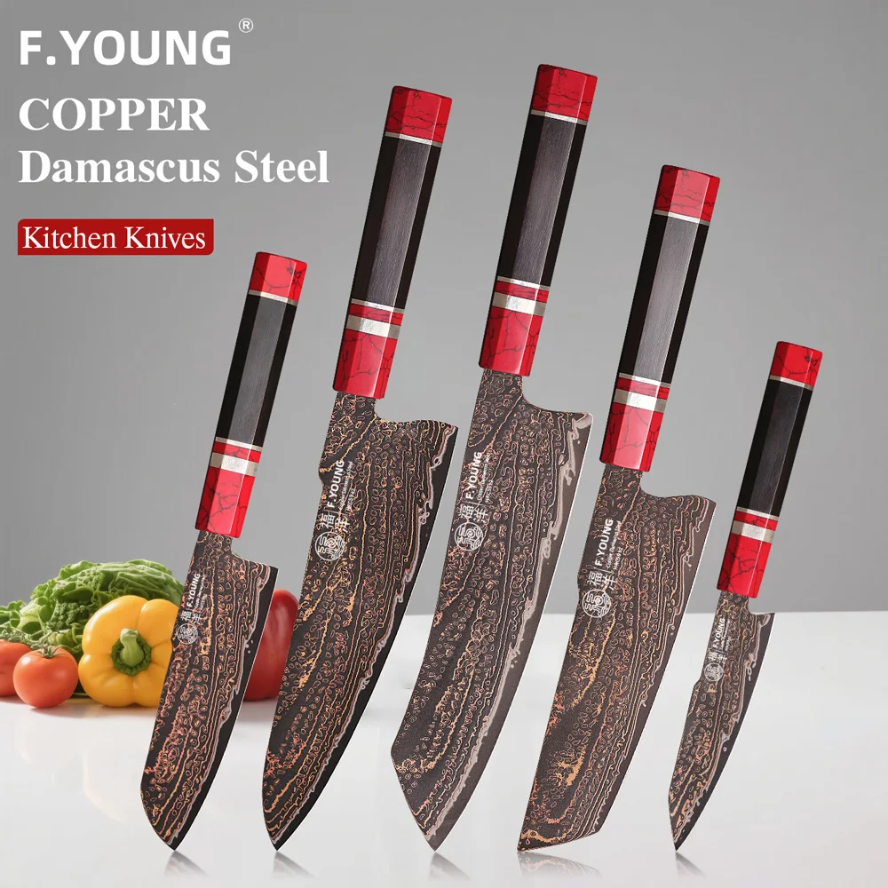 

F.YOUNG Japanese Chef Knife 37 Layer Real Tricolour Copper Damascus Steel Professional Kitchen Knives Slicing Utility Cleaver