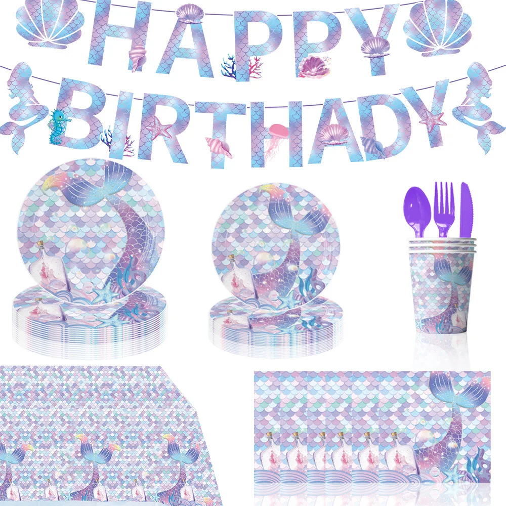 10 Pcs Blue Mermaid Birthday Party Theme Flag Pulling Napkin Plate Tableware Party Equipment Decoration Anniversary Unicorn