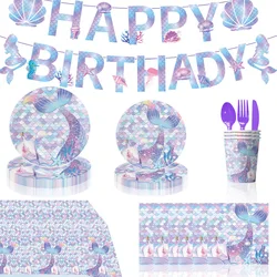 10 Pcs Blue Mermaid Birthday Party Theme Flag Pulling Napkin Plate Tableware Party Equipment Decoration Anniversary Unicorn