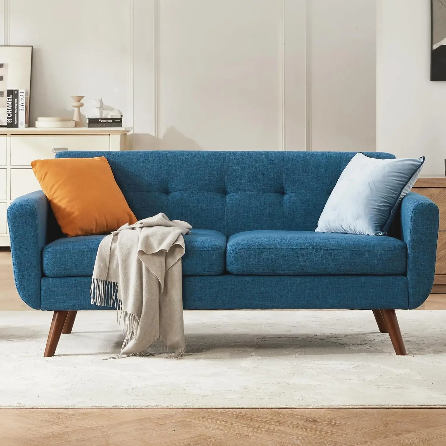 Mid Century Loveseat, Button Tufted Upholstered Sofa for Living Room & Bedroom, Solid Wood Easy Install 65