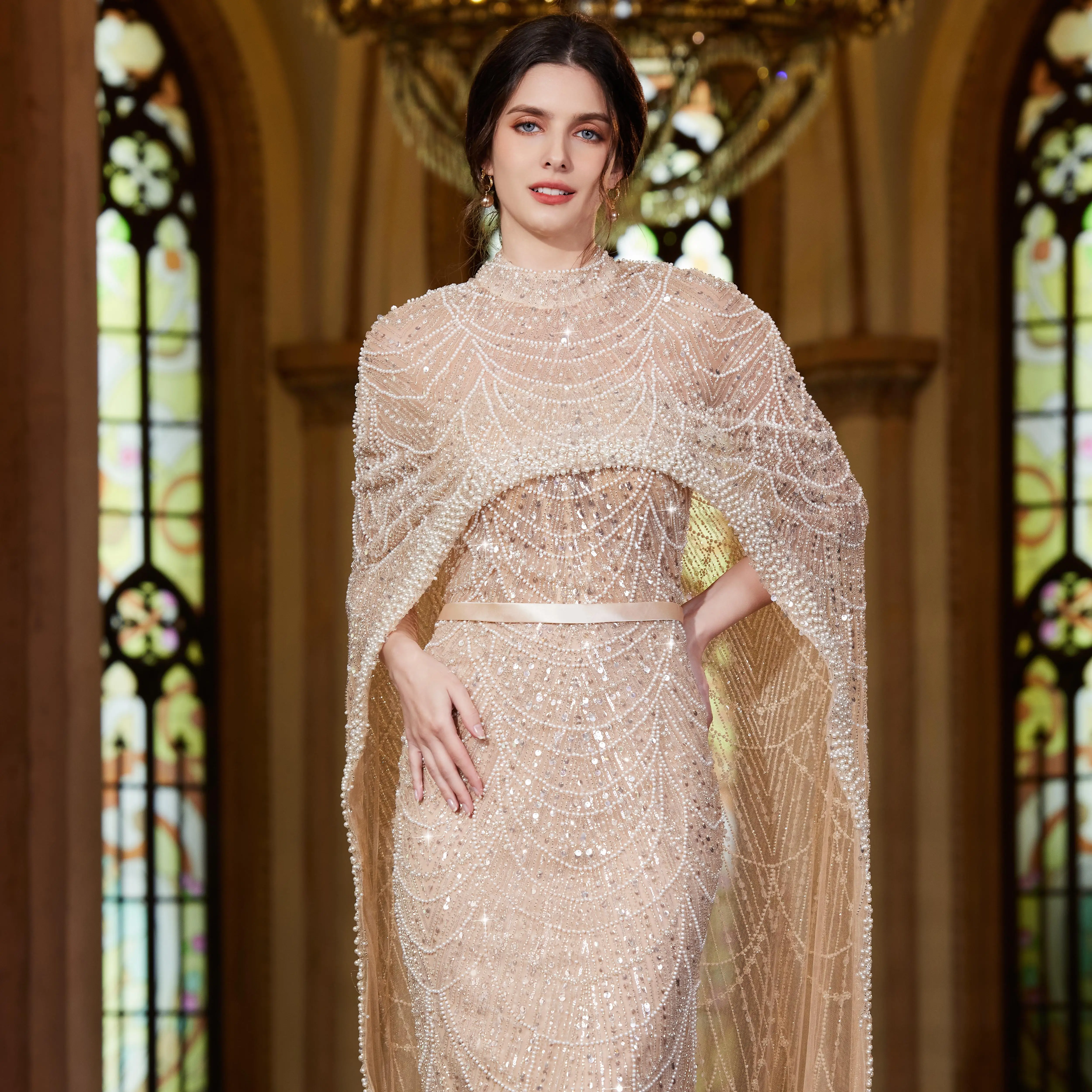 Alice CollectionPro Dubai Arabic Champagne Robe de soirée pour femme, Robe de Rhde mariage, Robe longue cape, Quelle que soit la collection 2024, Luxe