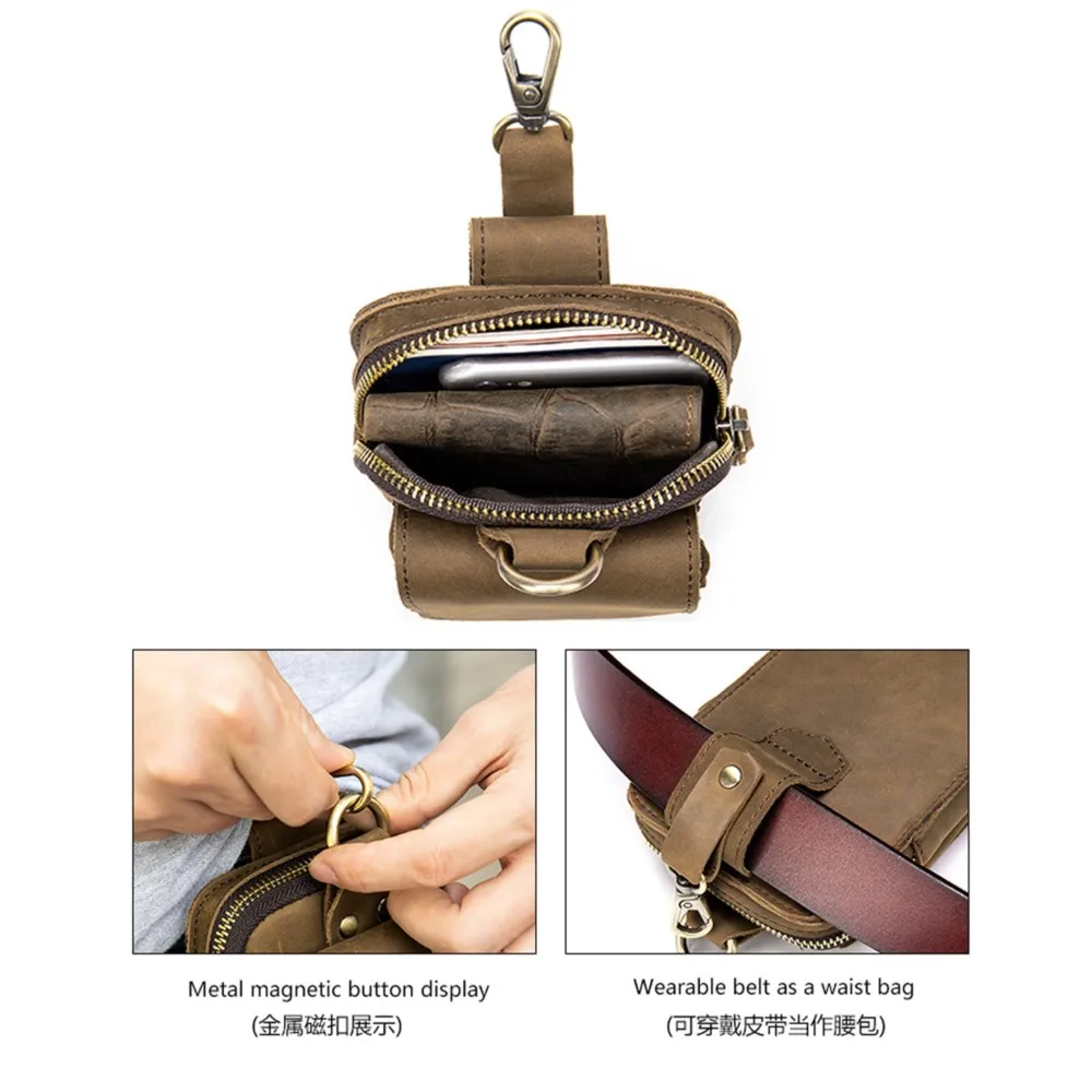 Pacote de cintura de couro genuíno vintage para homens, sacos de viagem masculinos, pequeno telefone malote loop, Hip Bum Bag, Man Belt Pouches