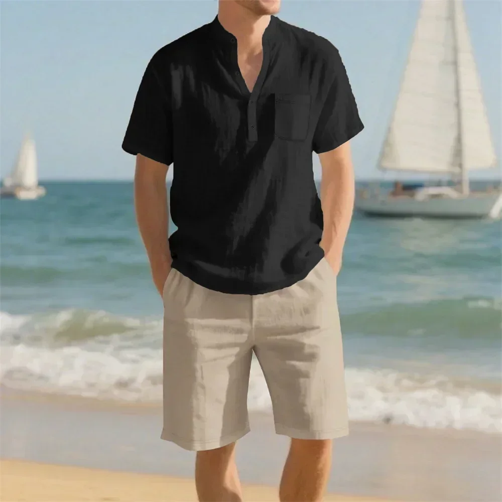 Conjuntos de verano para hombre, camiseta de playa para vacaciones, pantalones cortos, traje de algodón y lino, traje informal transpirable de estilo básico, ropa acogedora