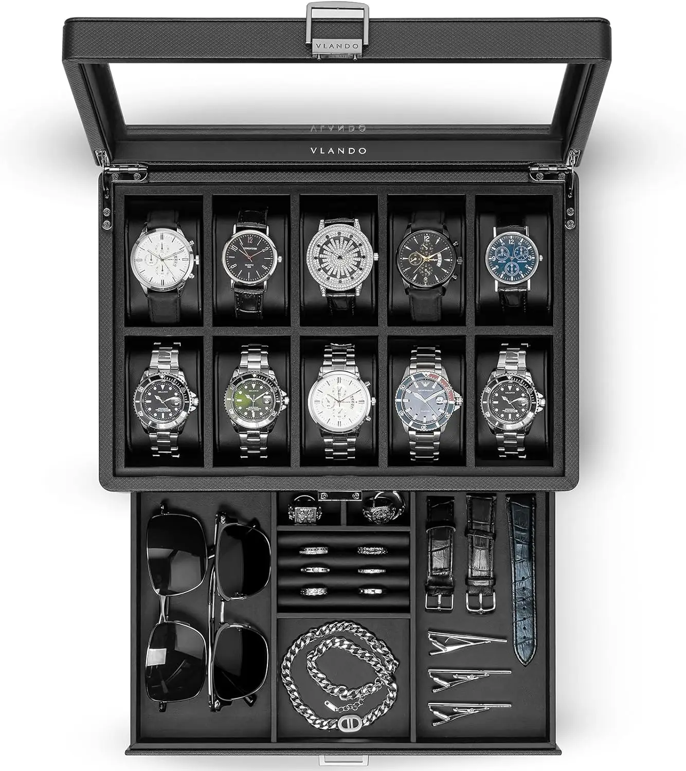 

Запираемый футляр для часов на 10 отделений со стеклянной крышкой, двухуровневое хранилище для часов, ювелирных изделий и аксессуаров — идеальный подарок
