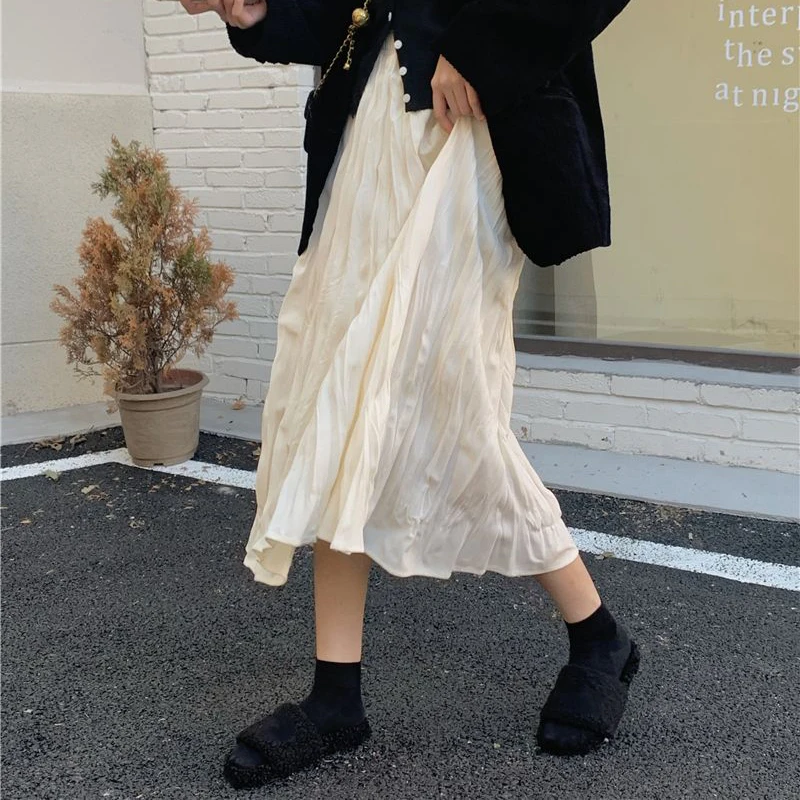 Women Spring Summer Skirt Korean Chic Casual All Match Slim High Waist Solid Midi Skirt Female Wrinkles Fairy Skirts