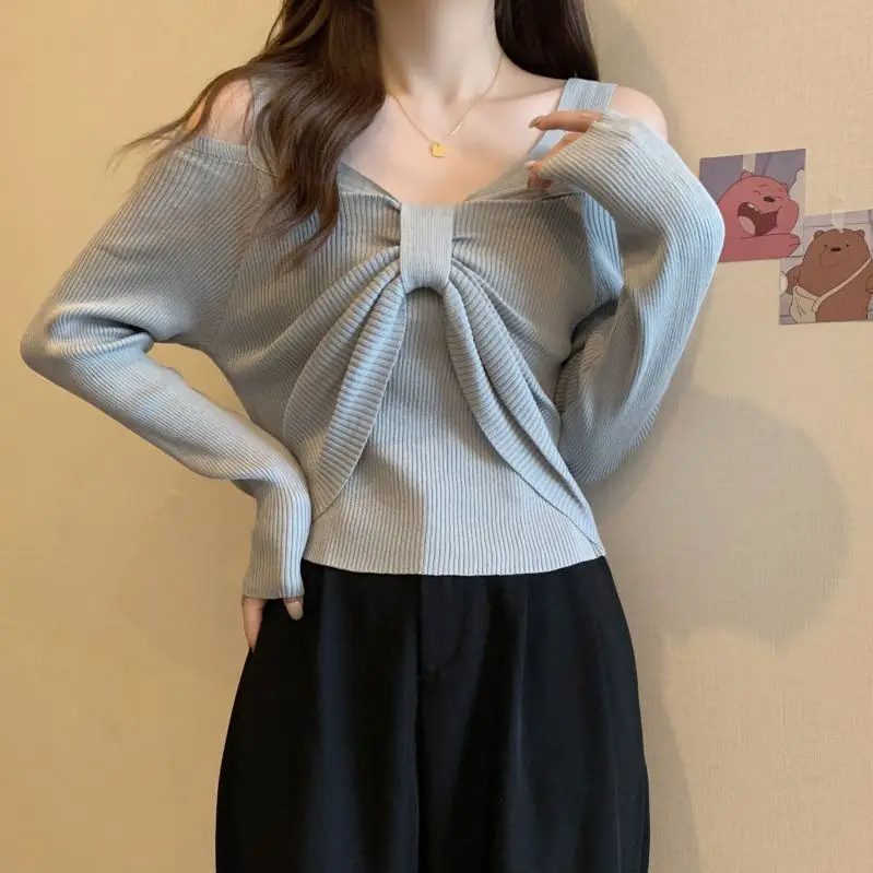 New French Off Shoulder Pleated Bow Long Sleeved Sun Resistant Knitted Women's Western-style Top