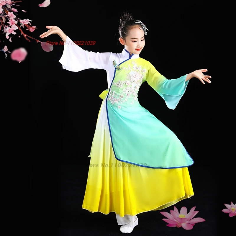 2025年中国子供ヴィンテージドレス民族花刺繍グラデーションカラー袍トップス+パンツフェスティバルステージパフォーマンスドレス