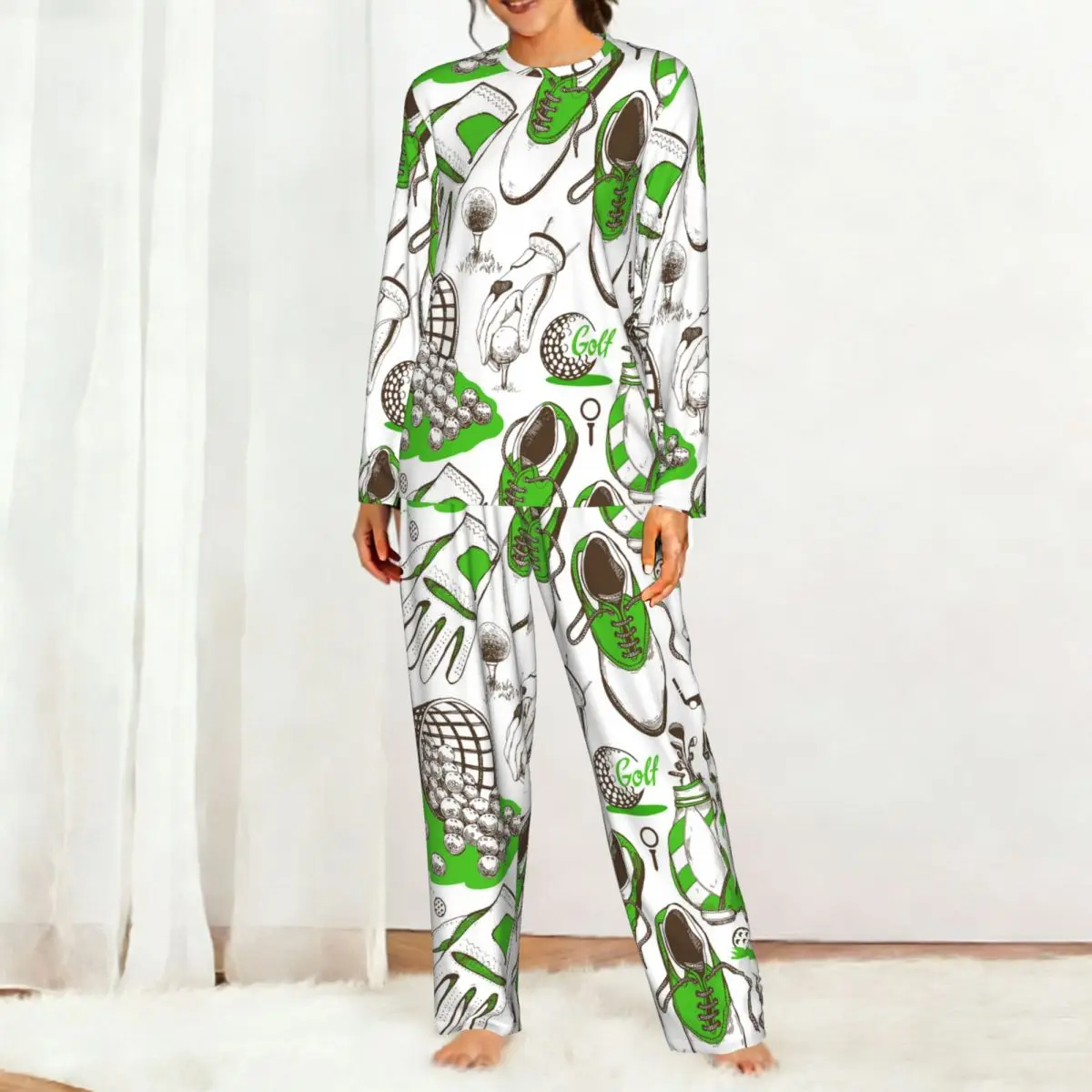 Golf Pattern With Basket, Shoes, Car, Ball Round Neck Long Sleeves Nightdress for Sleepshirts Women Loose Pajama Set Long Pants