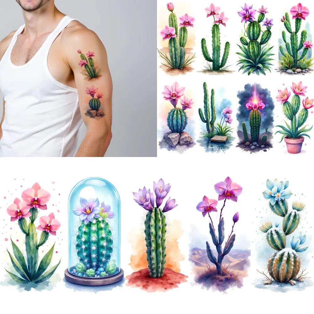 

9 шт., временные татуировки, цветы, акварель, кактус, временные татуировки, наклейки для женщин, грудь, плечи