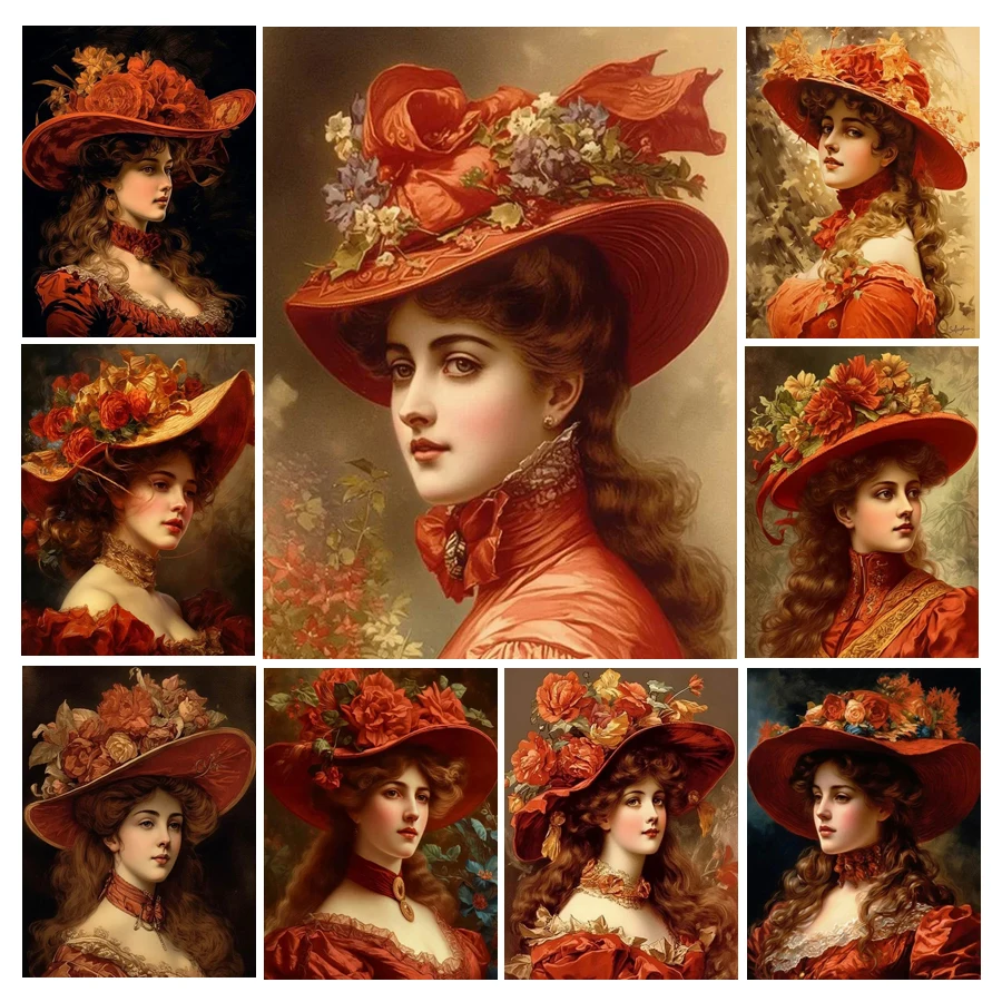 Fullcang Diy Full Mosaic Embroidery Elegant Women Diamond Painting Complete Kits New Collection 2024 Red Hat Woman Wall Decor