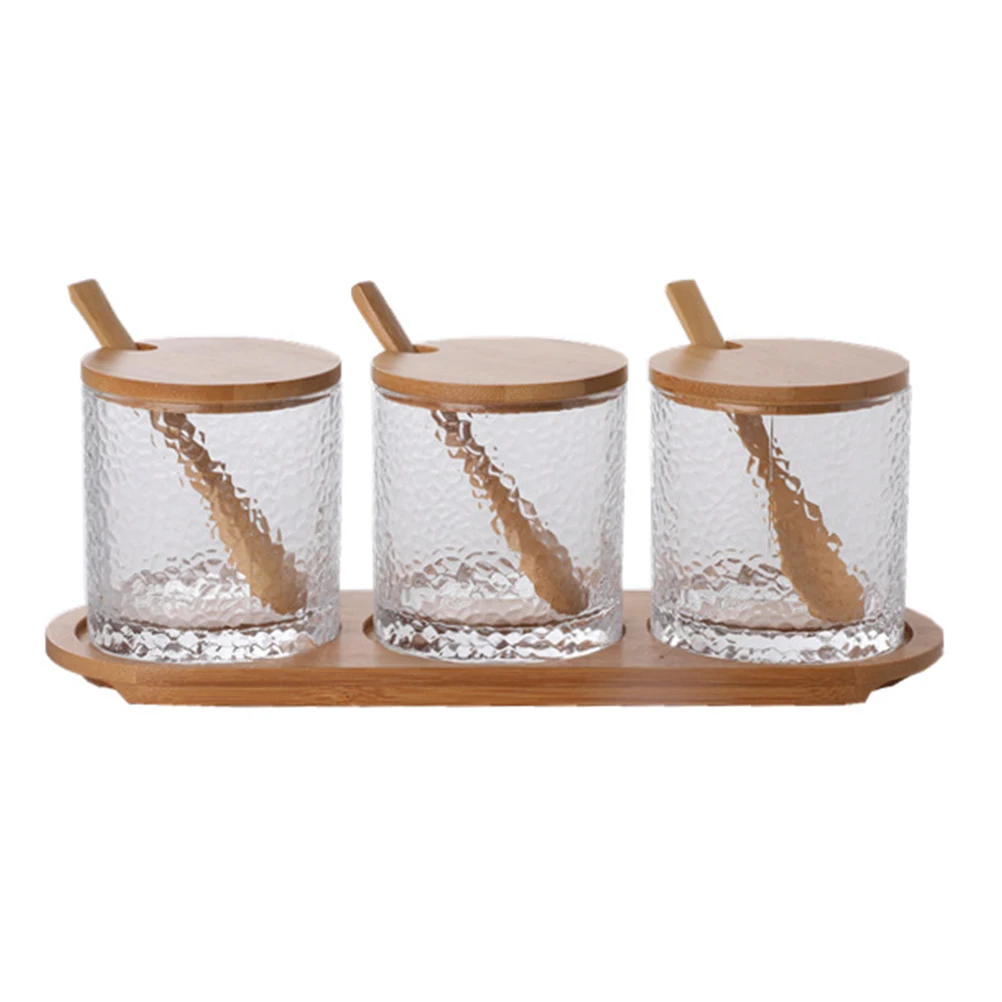 

1 комплект, набор стеклянных контейнеров для приправ, бамбуковая крышка, износостойкие бытовые кухонные банки для приправ, легко открывающиеся, простые