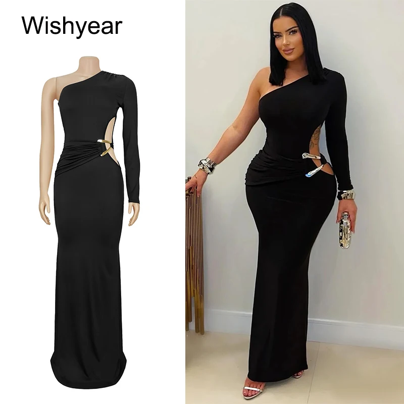 Wishyear feminino elegante vestido maxi longo de um ombro manga preta recorte fino ajuste festa de aniversário natal robe detalhe de metal