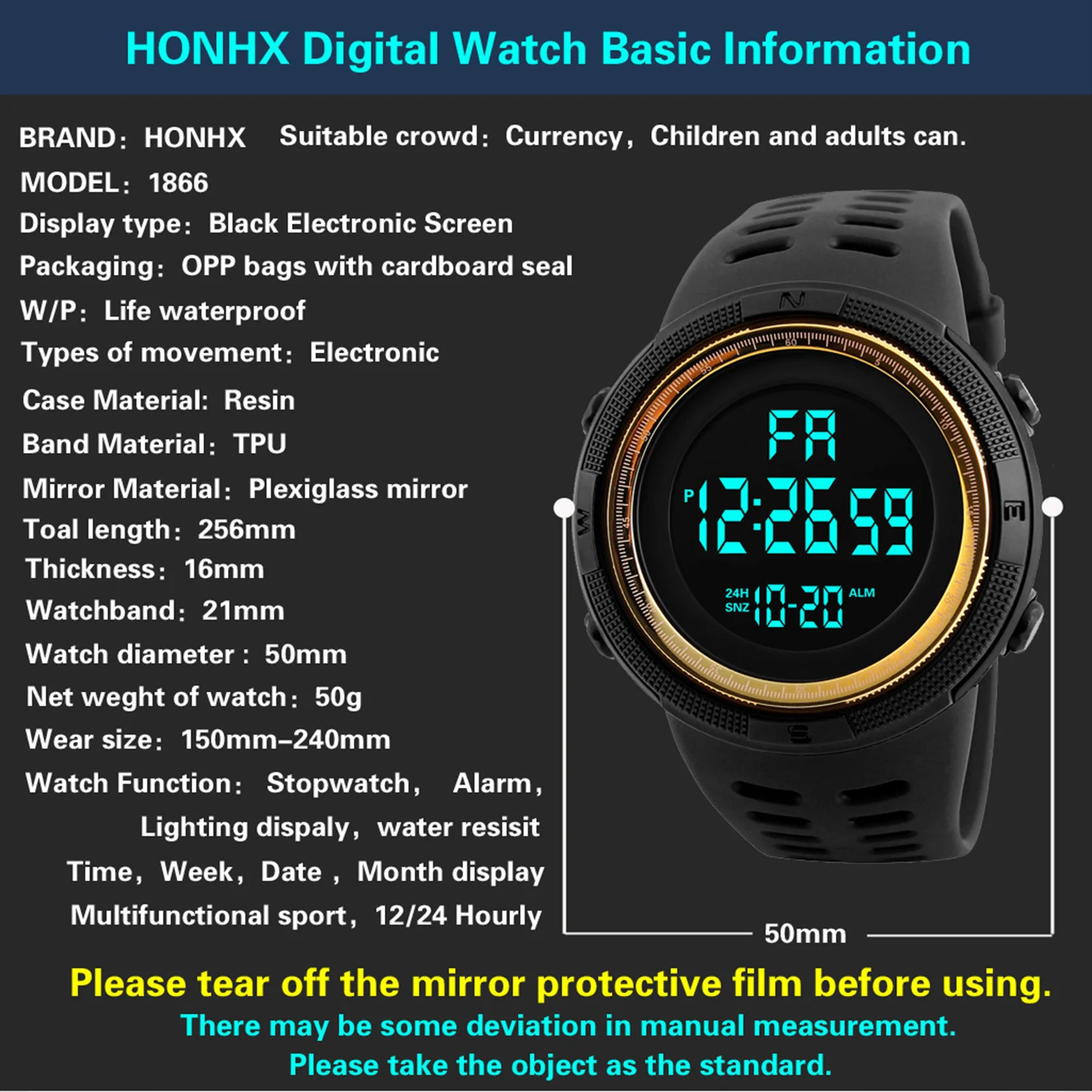 

Men Digital Sports Watch Waterproof Casual Luminous Stopwatch Alarm Simple Army Watch for Running Climbing Fishing