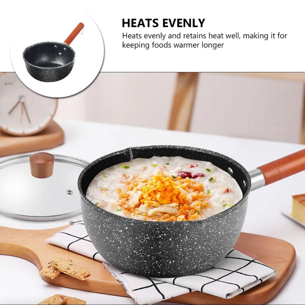 Non-Stick Sauce Pan Cooking Pot with Pour Spout Soup Pot Wooden Handle Milk Saucepan 14cm for Noodles Soups Hot Milk