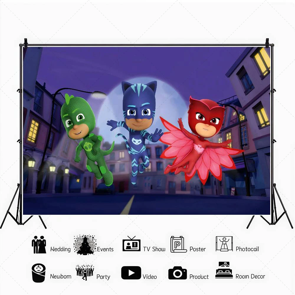 Tło na przyjęcie urodzinowe PJ Masks Catboy Owlette Gekko Moon Knight Miasto Nocne Superbohaterzy Personalizowana Fotobudka Dekoracje na Baby Shower dla Dzieci — zdjęcie produktu 2