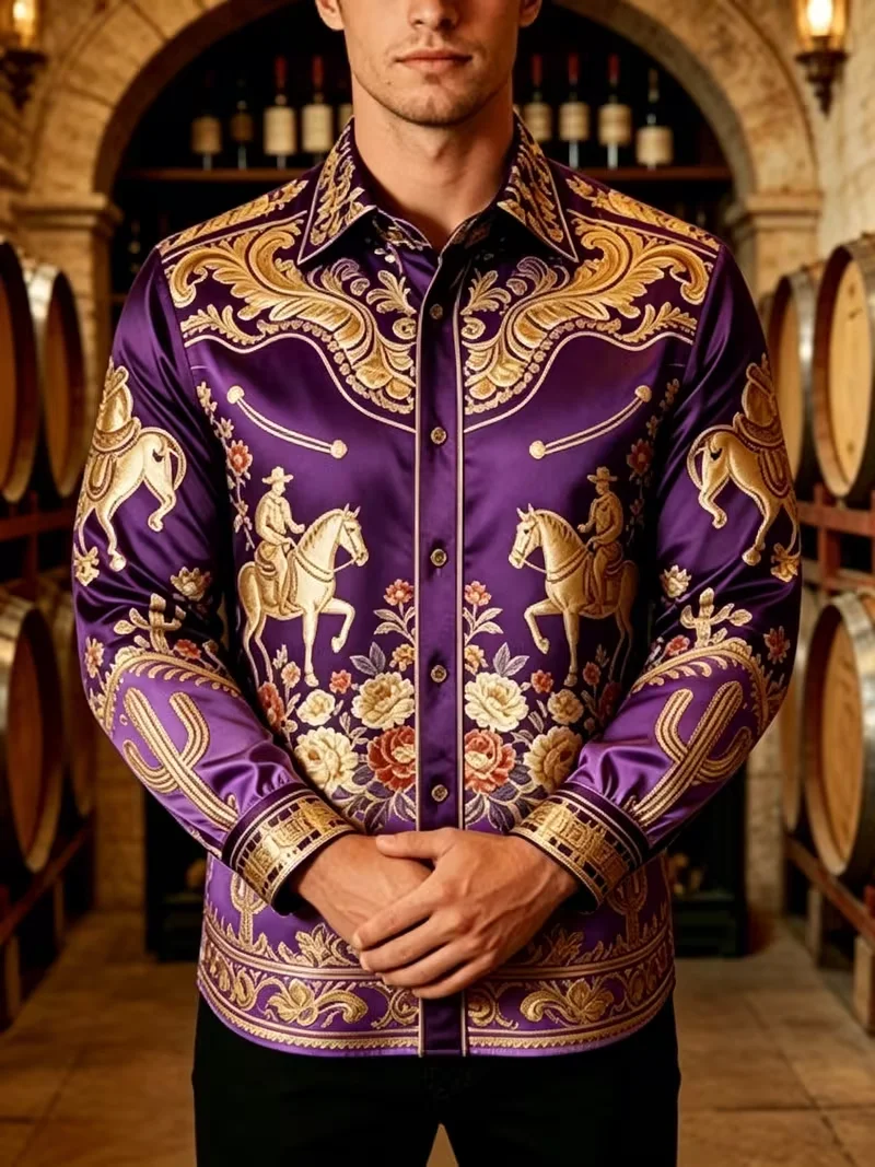 Fashion Men Silky Dress Shirt Purple Base Golden Metallic Rose Floral Jacquard Pattern Long Sleeve Slim Club Casual Blouse