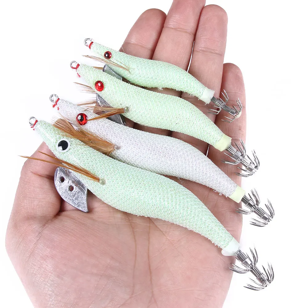 HENGJIA Leurres de calmar lumineux Glow Wood Shrimp with Octopus Squid Jig Hooks Cuttlefish Fishing Lure 2.0# 2.5# 3.0# 3.5#