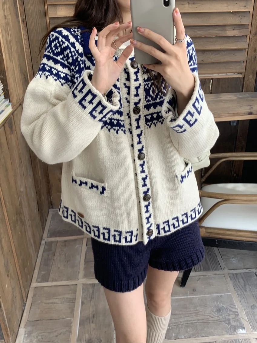 ソフトニットカラーブロフェアアイル柄カーディガンレディース冬新作スリーブセーター快適で居心地の良い春秋