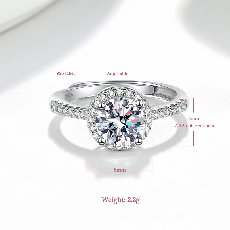 New 925 Sterling Silver Round AAA Cubic Zirconia Adjustable Rings Women Fine Jewelry Fashion Rhinestone Wedding Open Finger Ring