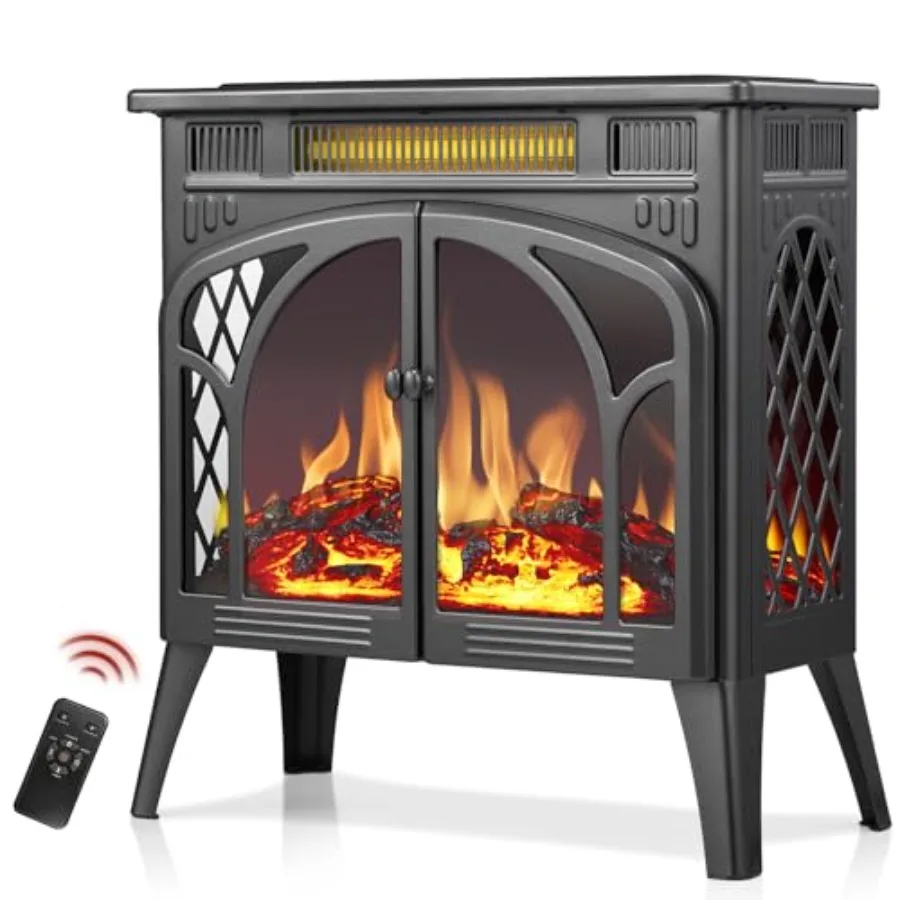 

Electric Fireplace Stove Heater with Remote Control 25 Fireplace Heater Adjustable Brightness and Heating Mode Overheating Safe