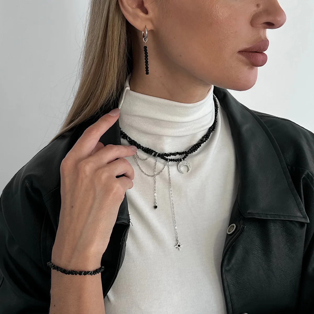 Choker Beaded Black Faux Crystal Moon Sun Pendant with Sturdy Silver Adjustable Chain for Women Bold Daily Night Out Glam