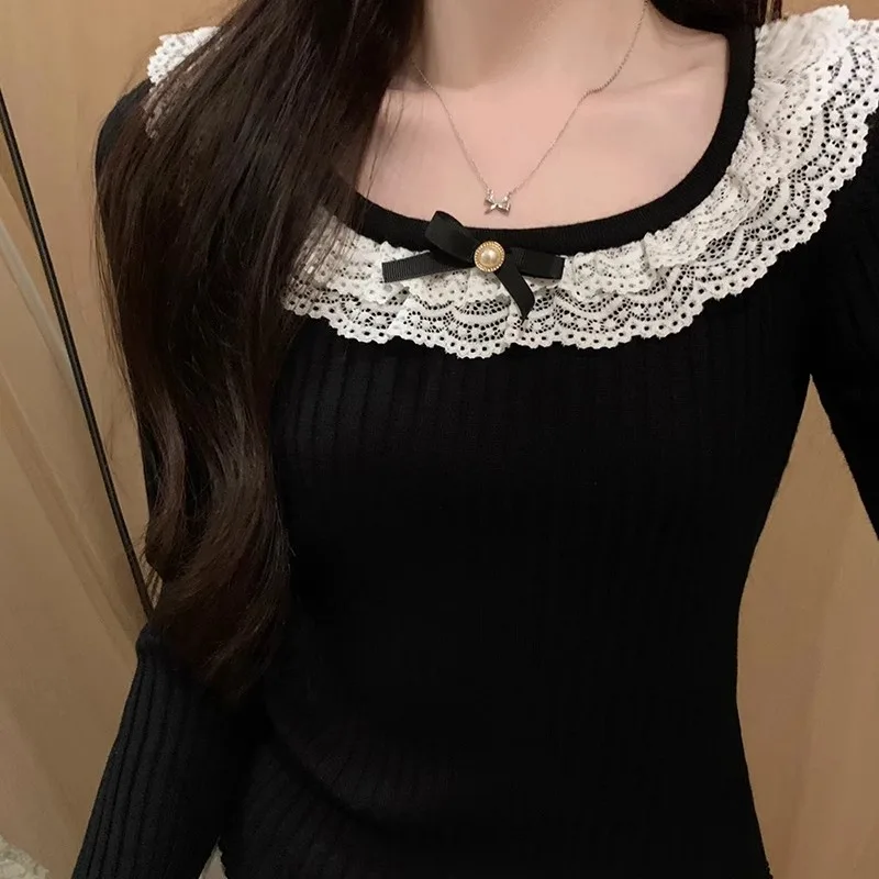 Neploe Sweet Lace Bow O-neck Bottoming T-shirts Spring New Slim Fit Black Tee Shirt Y2k Flare Sleeve Knitted Tops Women