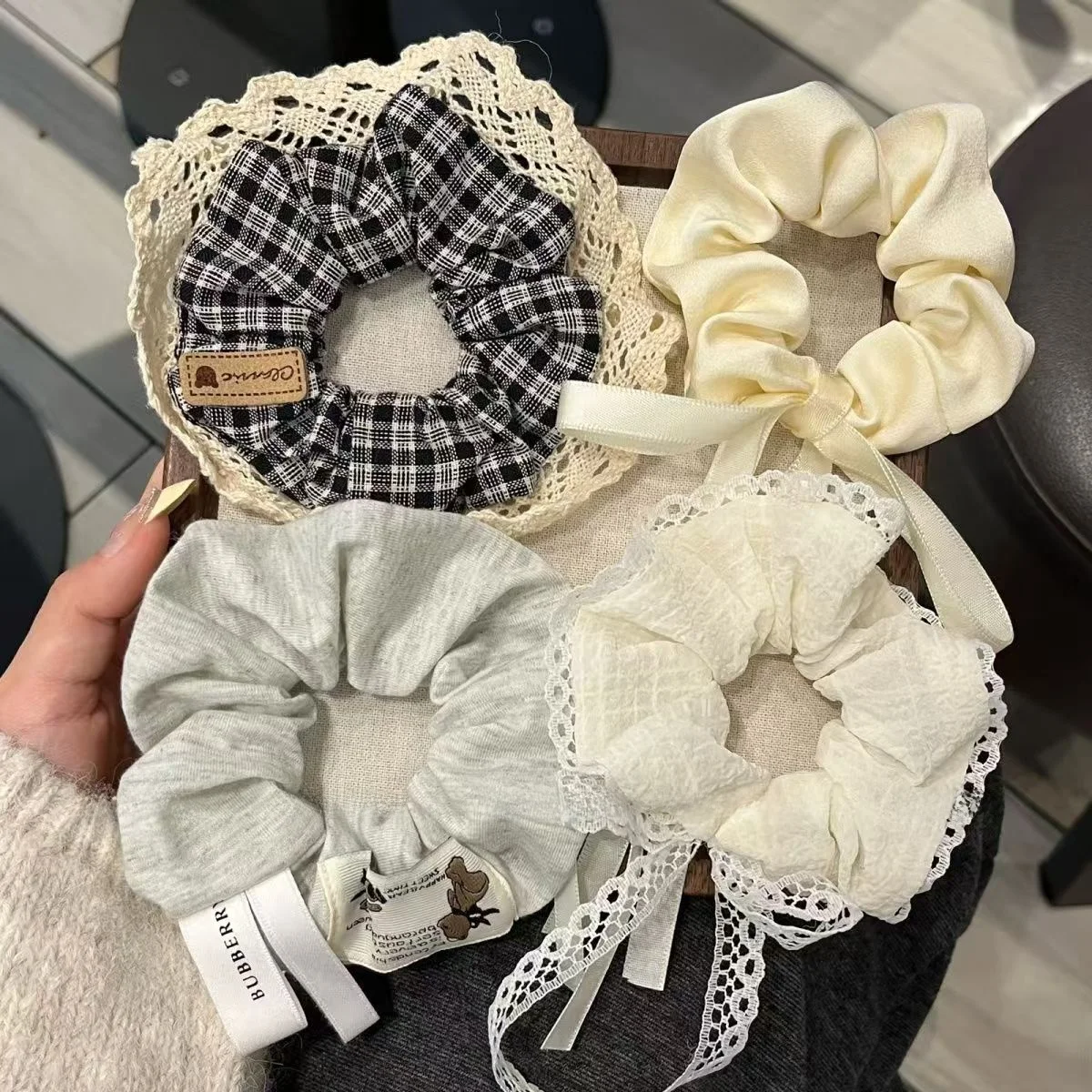 Korean Style Plaid Fluffy Hair Ties Half-Up Atmosphere Sense Bowknot Large Intestine Lace Streamer Hair Accessories for Girls