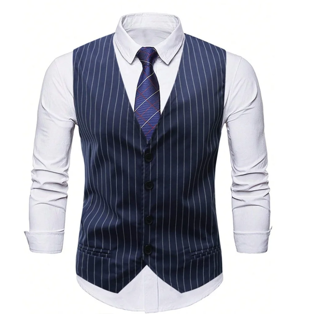 Men Vest Classic Striped Deep V-neck Pocket Double-Breasted High Quality Party Dinner  Man Waistcoat Tops 남성 조끼