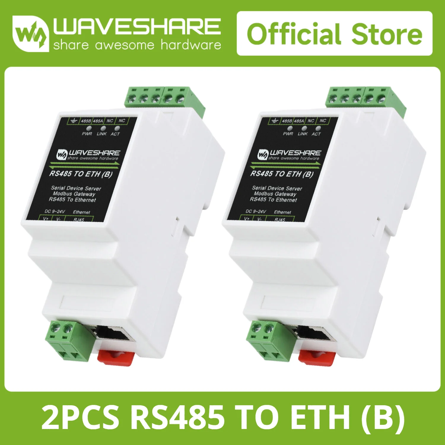 Waveshare 2pcs/lot Industrial Modbus RS485 Serial Server, RS485 to RJ45 Ethernet, TCP/IP to Serial, Rail-Mount, POE function