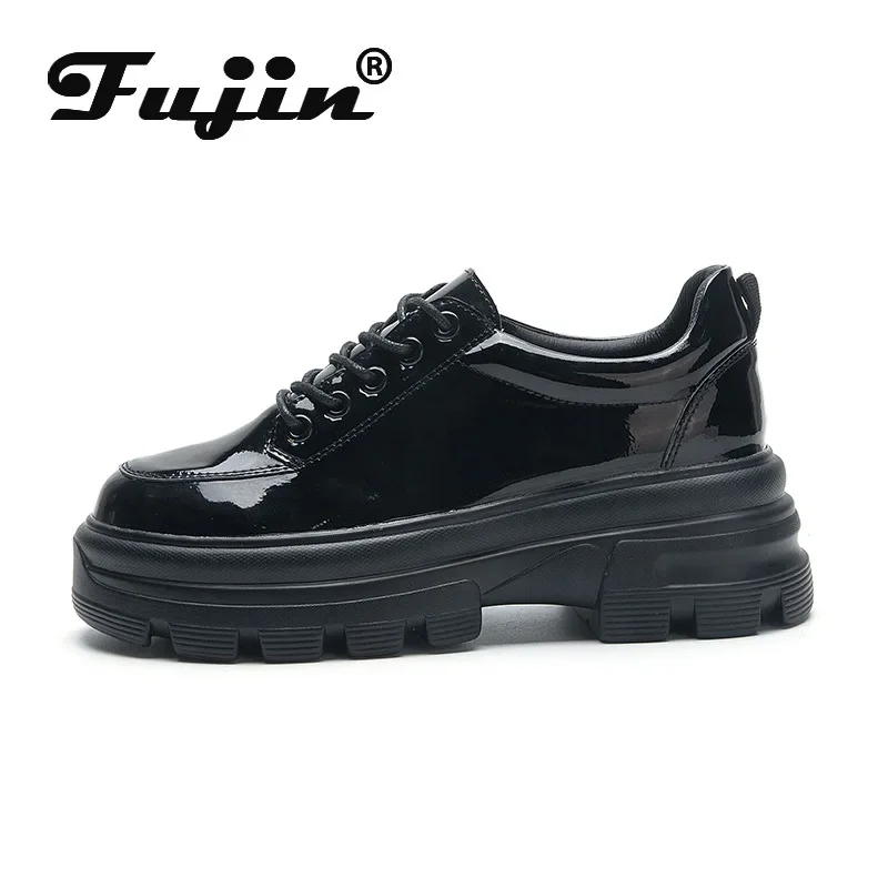 Fujin 8cm skórzane buty Oxford mokasyny oryginalne skórzane trampki letnie modne trampki patentowe buty na koturnie wiosenne jesienne buty