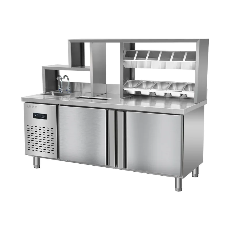 Milchteeladen-Ausrüstung, kompletter Satz Wasser-Stehtisch, Arbeitstisch, Hamburger, Getränke, gekühlter Gefrierschrank, Edelstahl-Pool