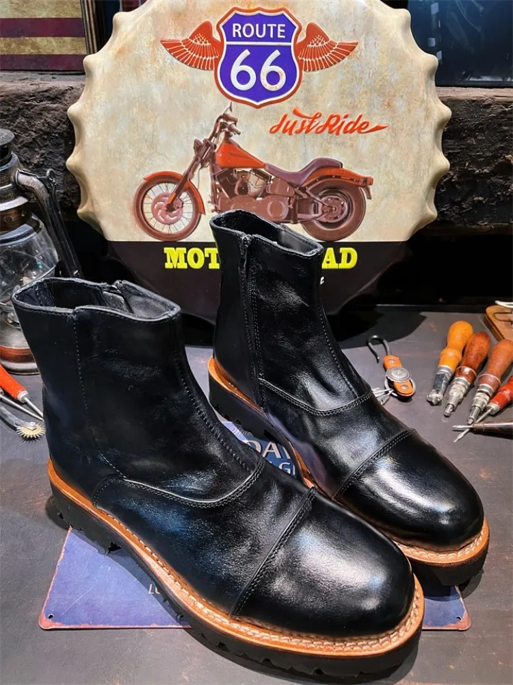 Autumn New Mens Cowhide Genuine Leather Work Shoes Zipper Round Toe Vintage High Top Safety Ankle Boots Motor Biker Riding Boots