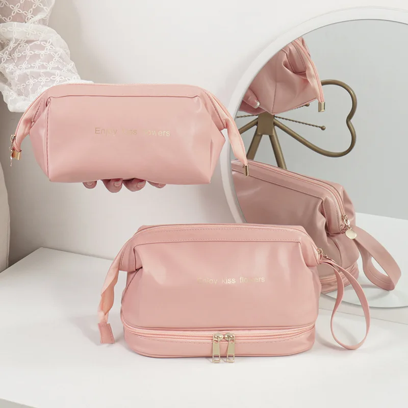 New Cosmetic Bag PU Double-layer Cosmetic Storage Bag Leather Large-capacity Toilet Bag INS Style High-value Pencil Bag