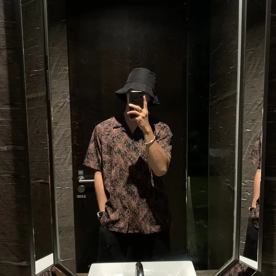 

Vintage Floral Shirt Men's Cuban Collar Short Sleeve Stylish Retro Hawaiian Half Sleeve Youth Trend Summer Loose Fit Shirt