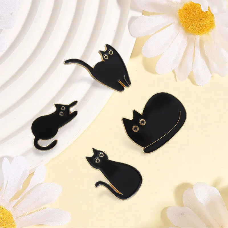 Cartoon Cute Black Cat Enamel Pin Minimalist Playful Four Cat Different Sitting Lying & Turning Poses Brooch Lapel Badge Jewelry
