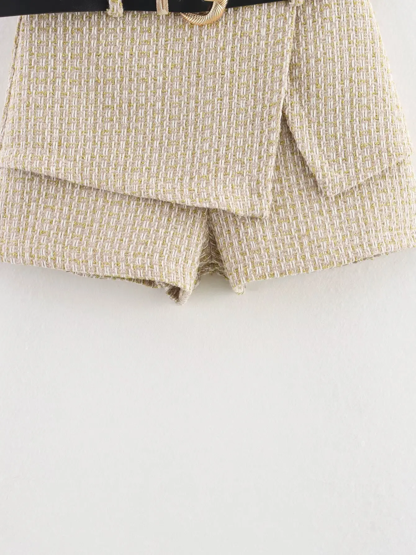 RARA Womens Shorts Tweed Fabric Wrap Design Belted Waist with Decorative Buckle Stylish and Trendy Summer Wear