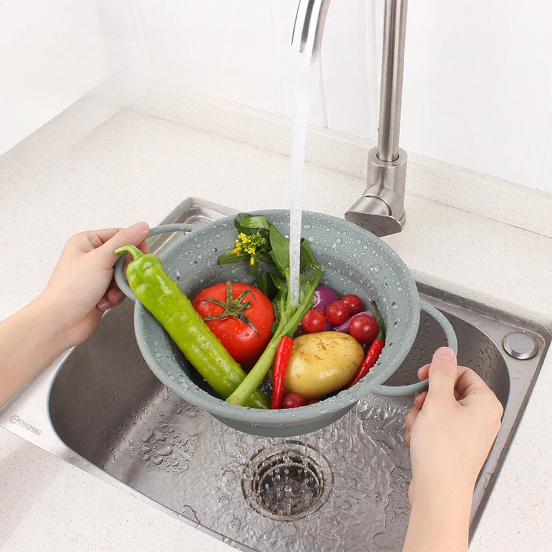 Silicone Drain Basket Folding Fruit and Vegetable Basket Round Fruit Basket Retractable Strainer Kitchen Tools