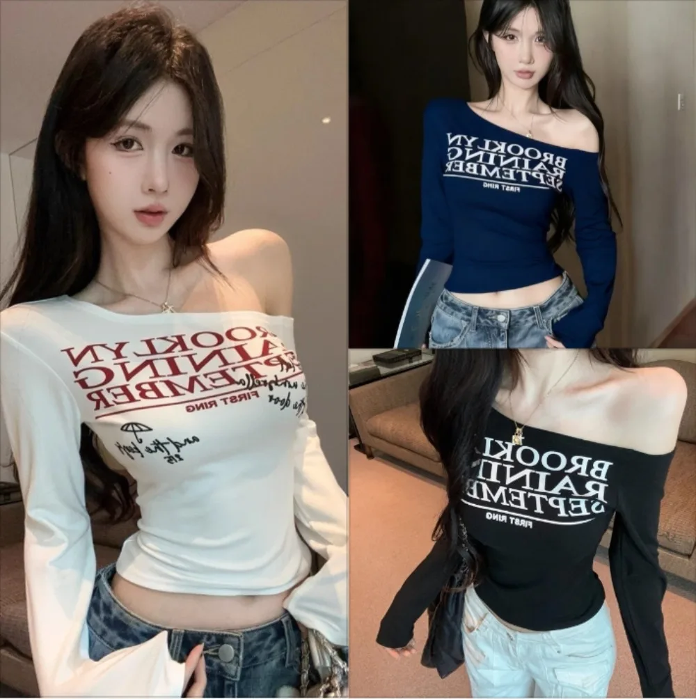 

Сексуальный укороченный топ с принтом и асимметричным вырезом на одно плечо, женская блузка с длинным рукавом, облегающая, повседневная