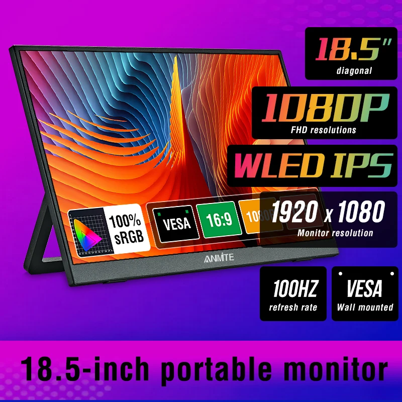Anmite 18.5-Inch Portable Monitor 1080P 120Hz HDR Low Blue Light For XBox PS4 / 5 Switch Cell Phone PC Loptop Extension