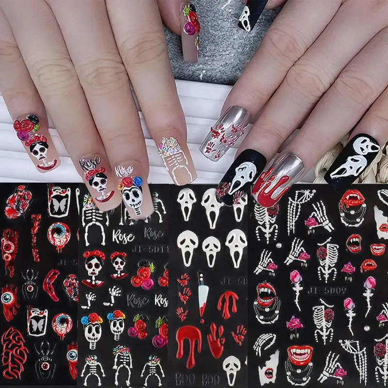 Halloween Nail Stickers 5D Skeleton Ghost Pattern Nail Decals Self-Adhesive Creepy Cosplay DIY Nail Art Decorations For Women