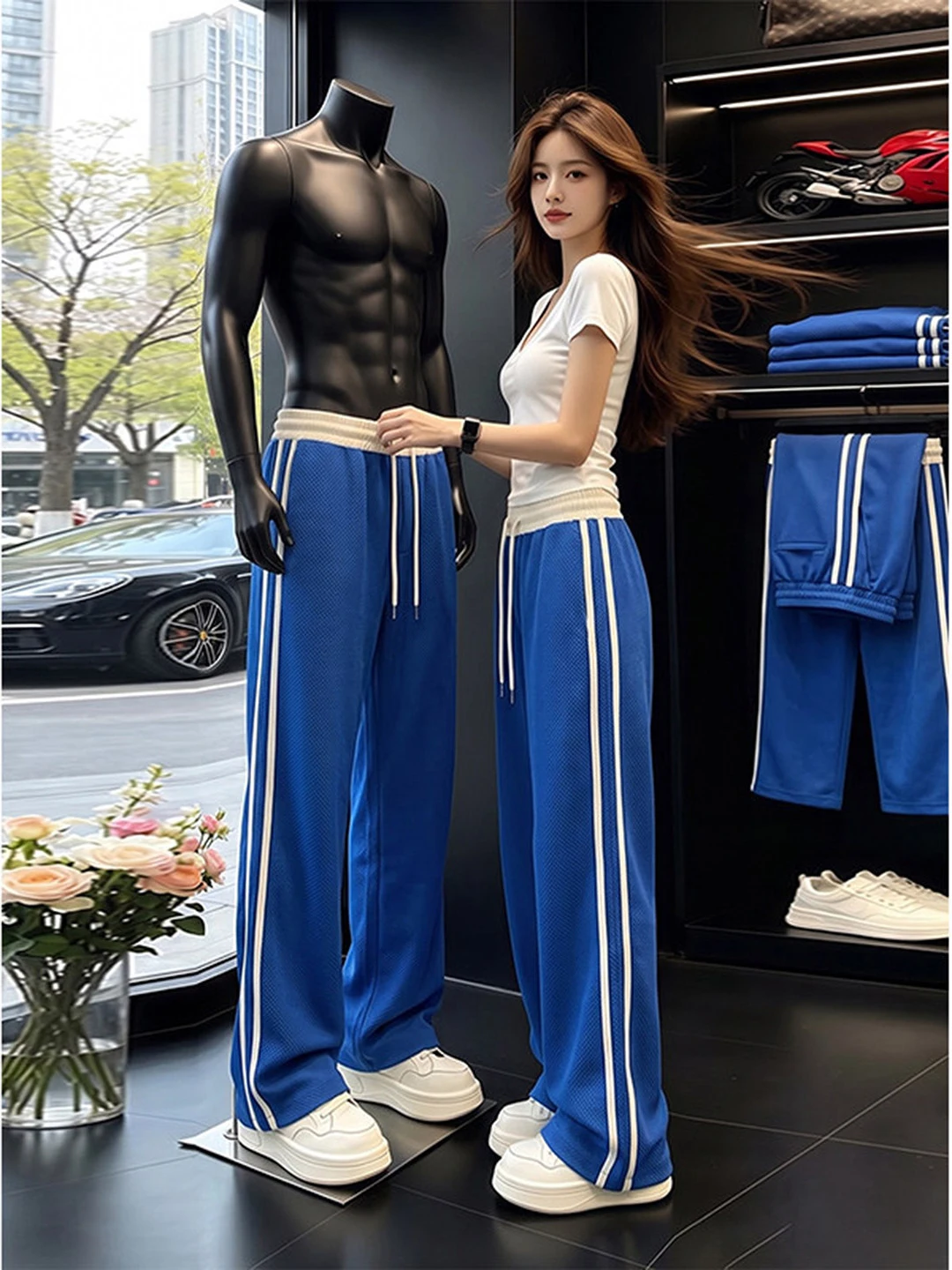 Dragon Scale Pattern Breathable Stripe Casual Pants Men Summer Thin Three Stripe Sports Quick Dry Pants Drapey Straight Leg T...